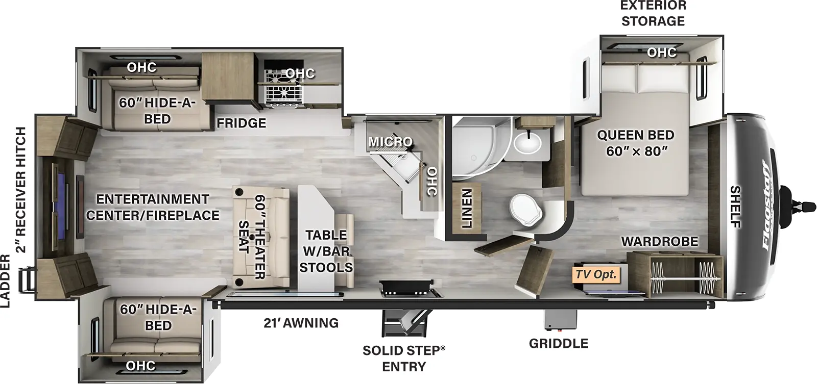 The 29RLS has three slideouts and one entry door. Exterior features a 21 foot awning, solid step entry, exterior storage, griddle, rear ladder, and 2 inch receiver hitch. Interior layout front to back: front shelf with door side wardrobe and dresser, and off-door side queen bed slideout with overhead cabinets (optional TV); off-door side full pass thru bathroom with linen closet; sink, counter and overhead cabinet with microwave along inner wall and wraps to off-door side; door side entry, table with bar stools, theater seat along table facing the rear, and slideout with hide-a-bed and overhead cabinet; off-door side slideout with overhead cabinet, cooktop, refrigerator, and hide-a-bed with overhead cabinet; rear entertainment center with fireplace.